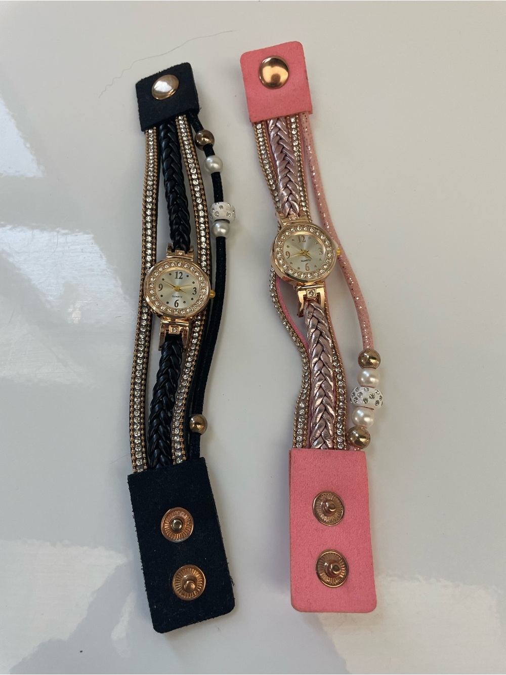 Set of Two Wrap Bracelet Watches - Black & Pink